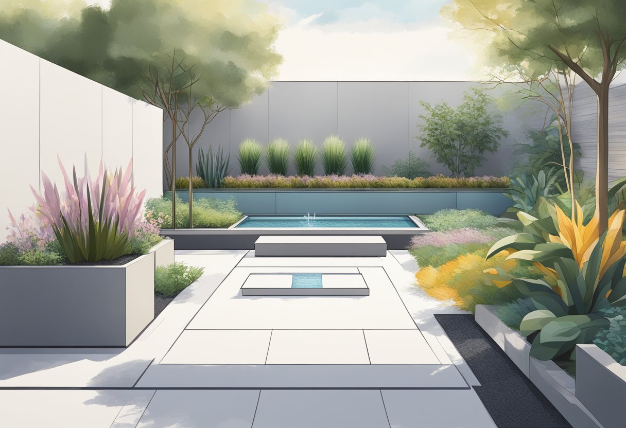 A modern garden with sleek, geometric planters, a minimalist water feature, and a sculptural installation as the focal point