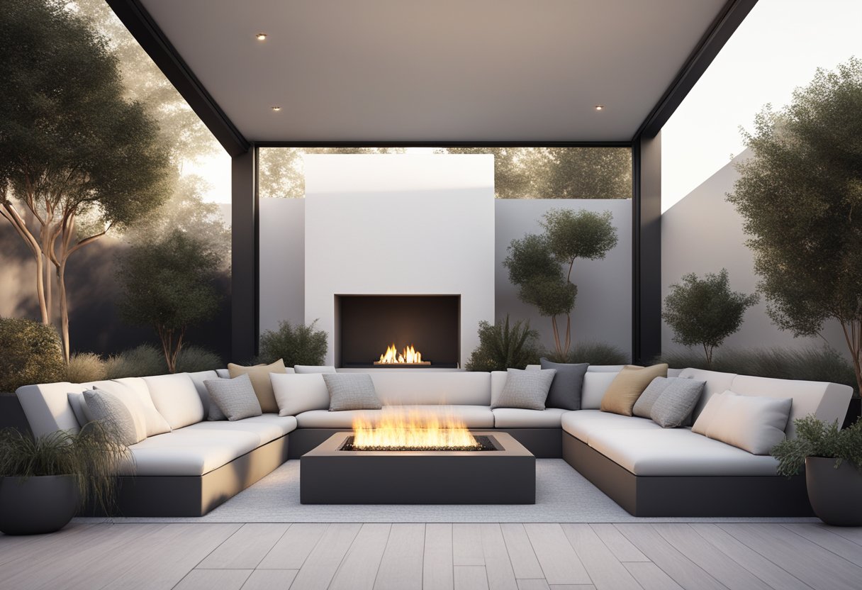 A sleek outdoor space with minimalist furniture, geometric planters, and a fire pit. Clean lines and neutral colors create a contemporary, inviting atmosphere