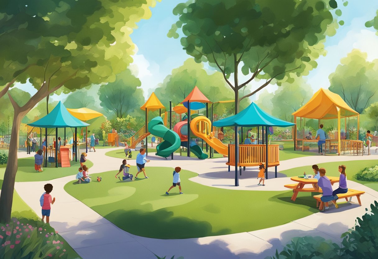 Lush greenery surrounds a play area with colorful structures. Families gather around picnic tables and children explore interactive garden features