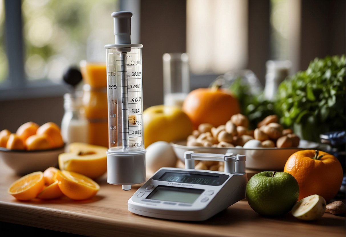 A syringe with weight loss medication hovers over a scale, surrounded by healthy foods and exercise equipment