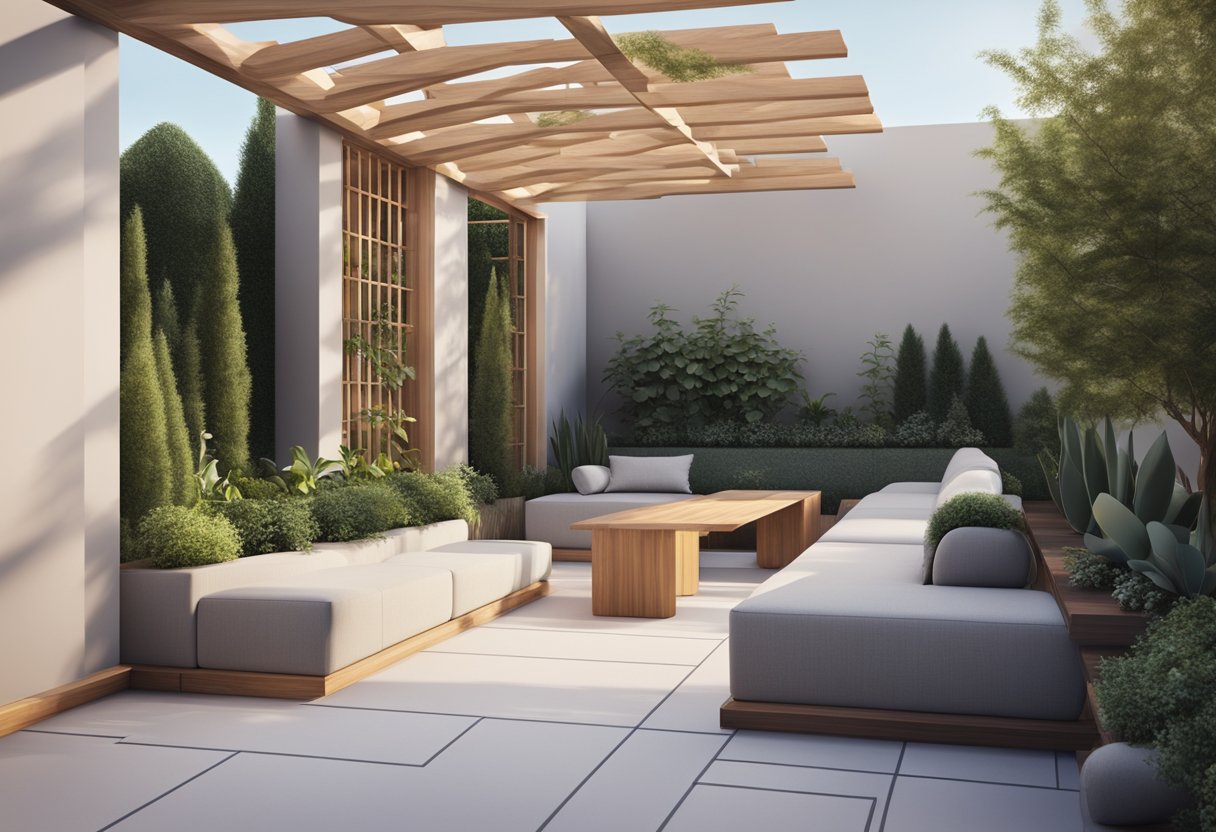 A modern garden with clean lines, geometric shapes, and minimalistic plantings. A pergola or seating area with sleek furniture and integrated lighting