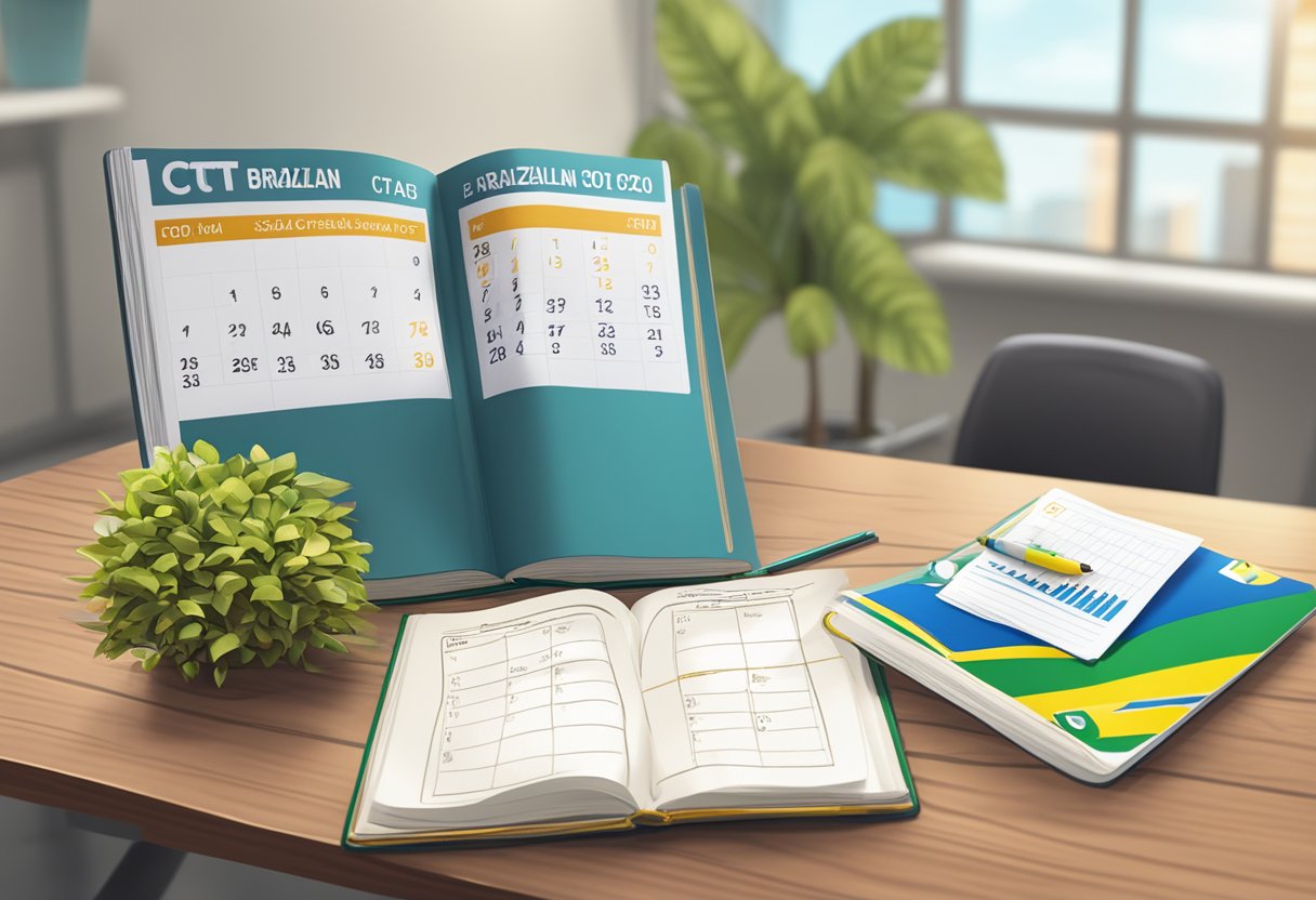 A lei and the Brazilian Traffic Code (CTB) book lying open on a desk with a calendar showing an expired deadline