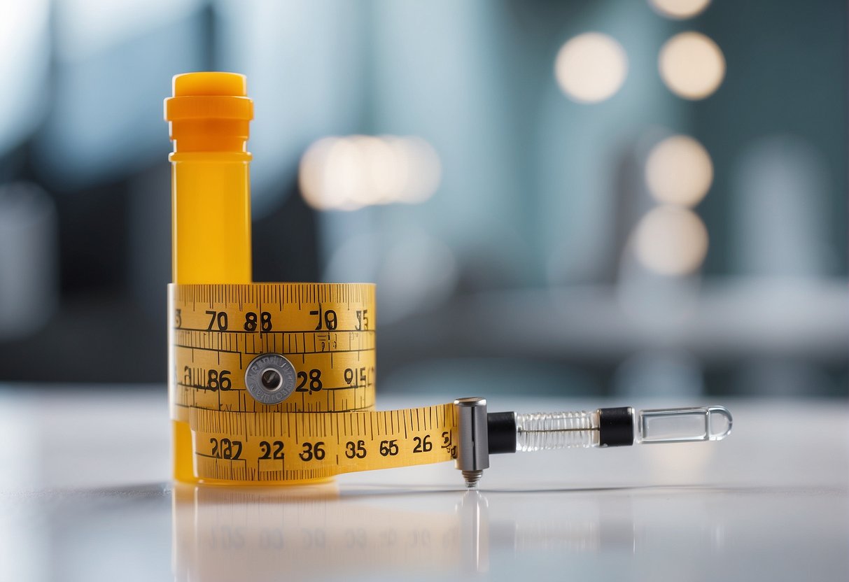 A syringe and a measuring tape are positioned next to each other on a clean, white surface. The syringe is filled with a liquid, and the measuring tape is wrapped around a slim waist