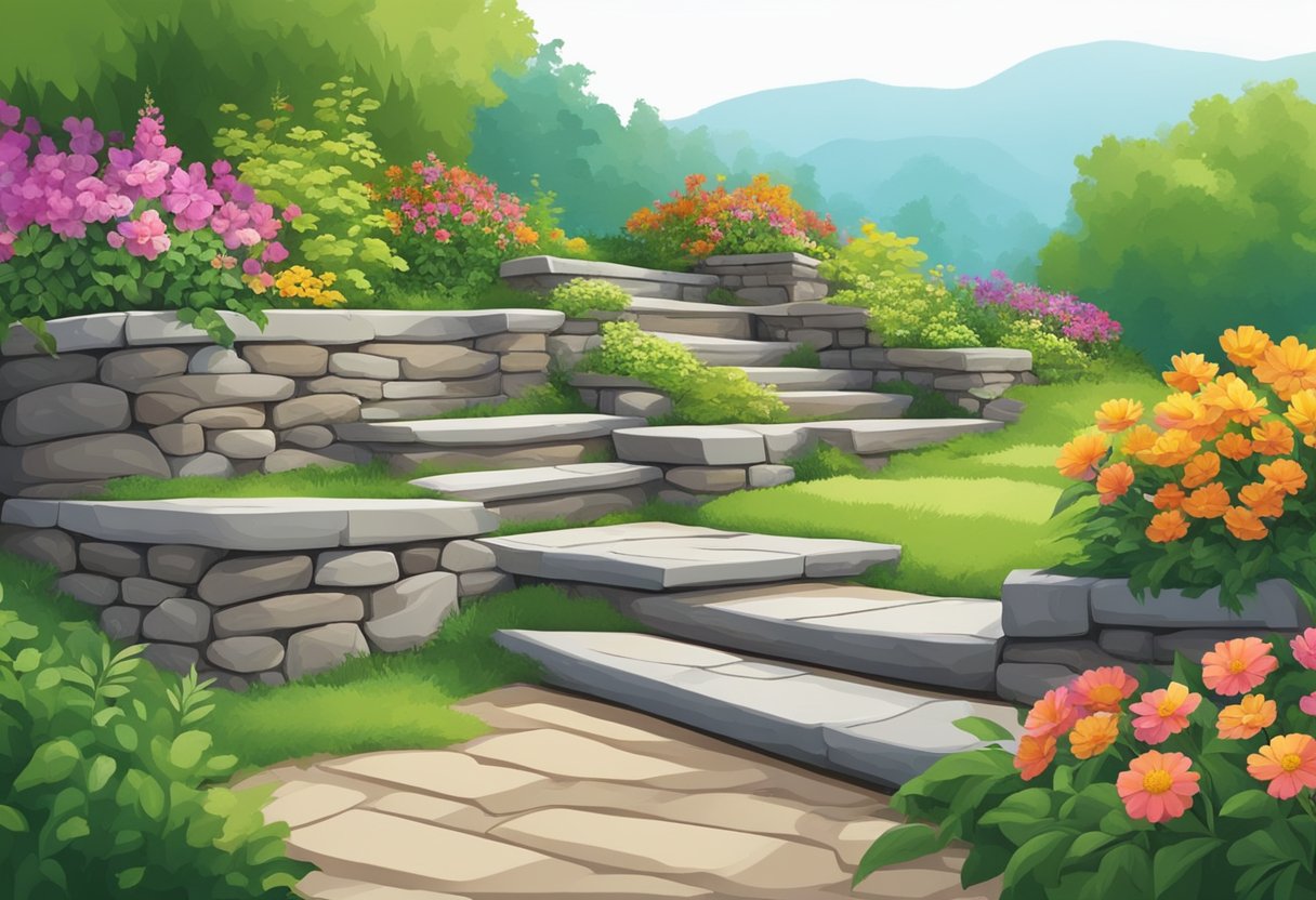 A retaining wall made of stacked stone, surrounded by lush greenery and colorful flowers, with a gentle slope leading up to it