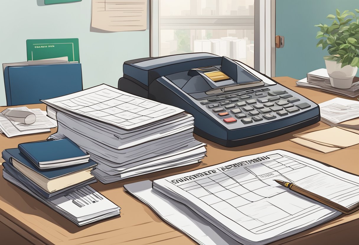 A desk with a pile of documents, including a driver's license and a guidebook, with a calendar showing an expired deadline in the background