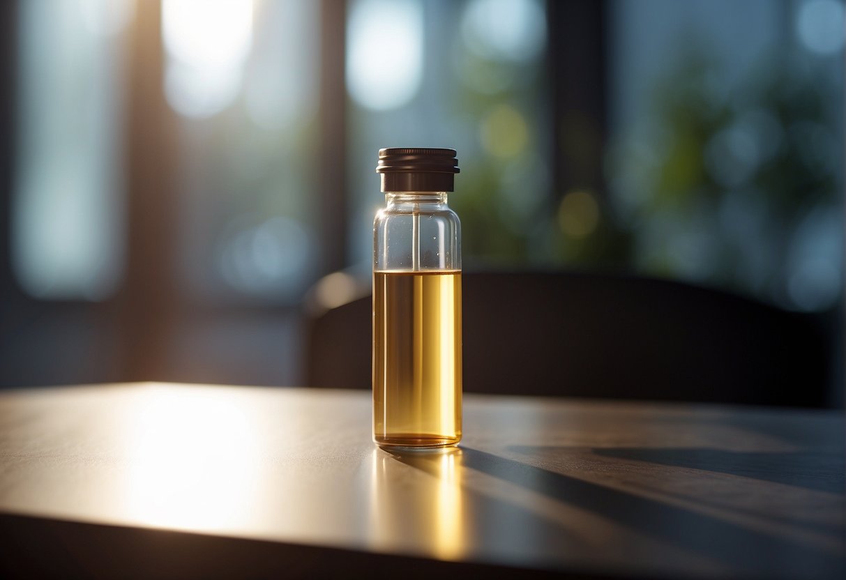A vial of weight loss injection sits on a sleek, modern table. A beam of light highlights the vial, emphasizing its importance and potential to boost energy levels