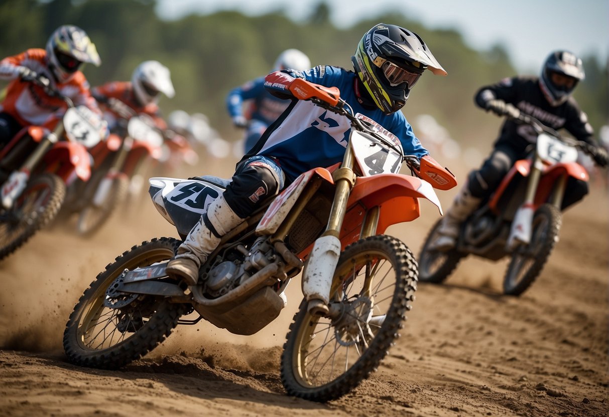 Motocross bikes lined up on a dirt track, riders adjusting gear and revving engines. Flags flutter in the breeze, signaling the start of the season