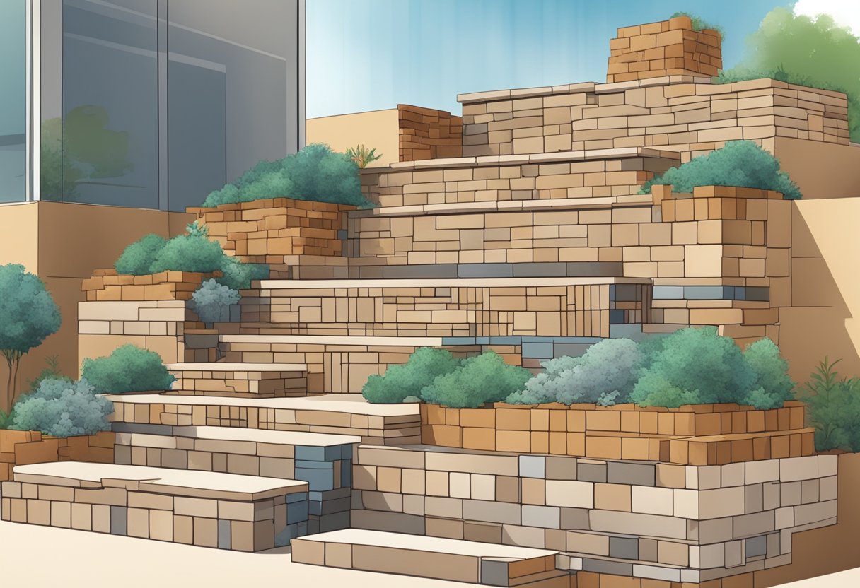 A person building a retaining wall with various materials like bricks, stones, or timber. The wall may have steps or curves for added visual interest