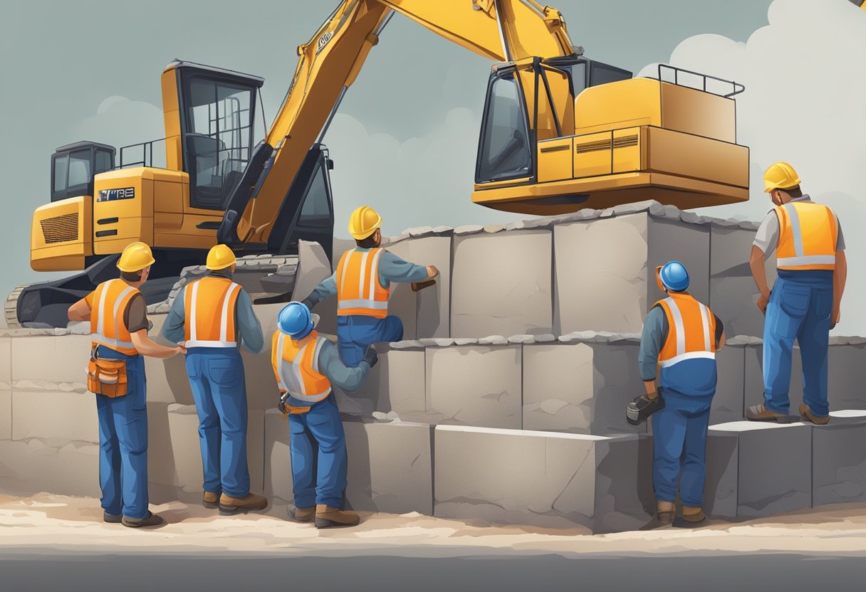 A team of workers construct a retaining wall with precision and care, using heavy machinery and expert techniques