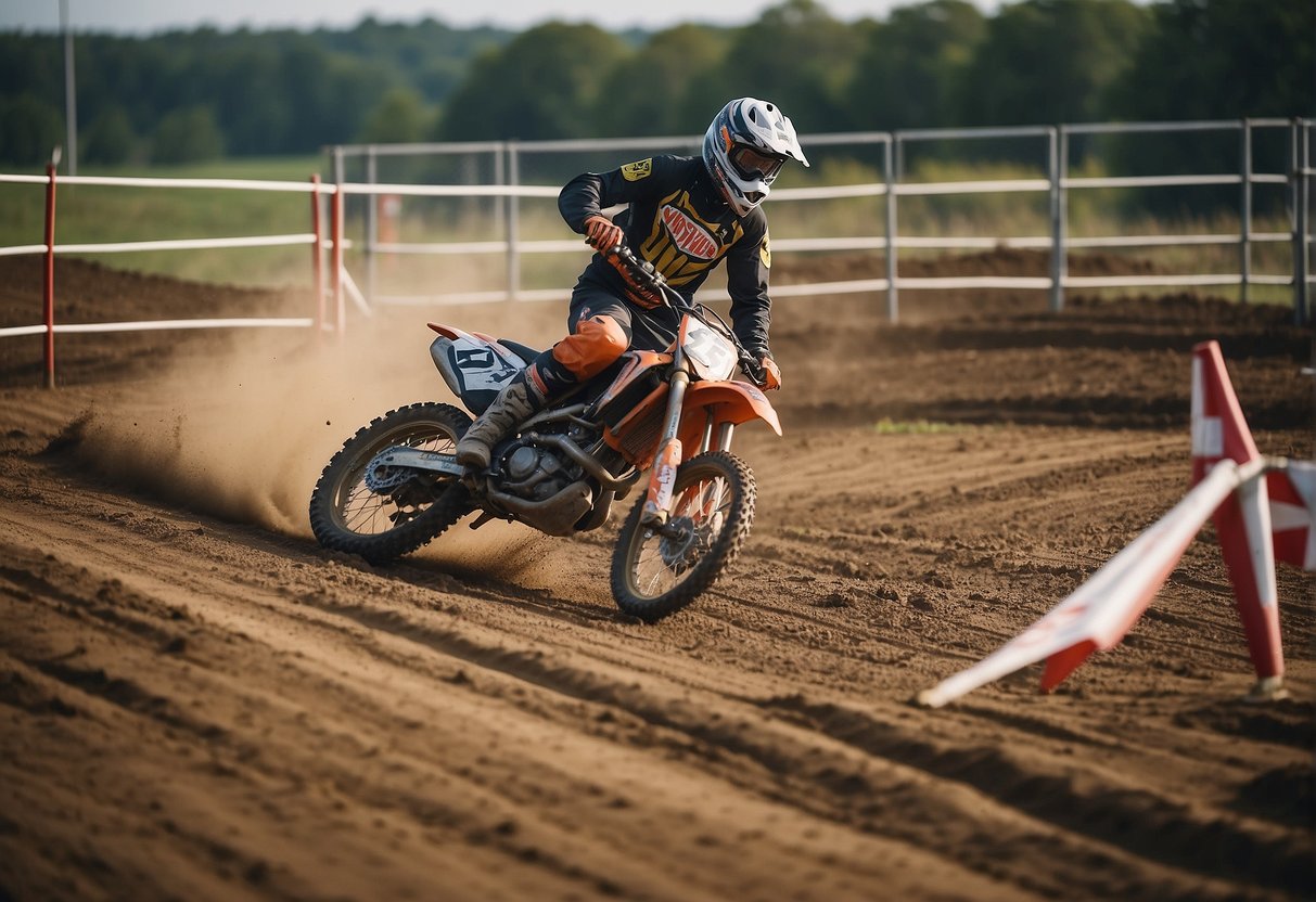 Motocross track with new rules sign, starting gate, and officials