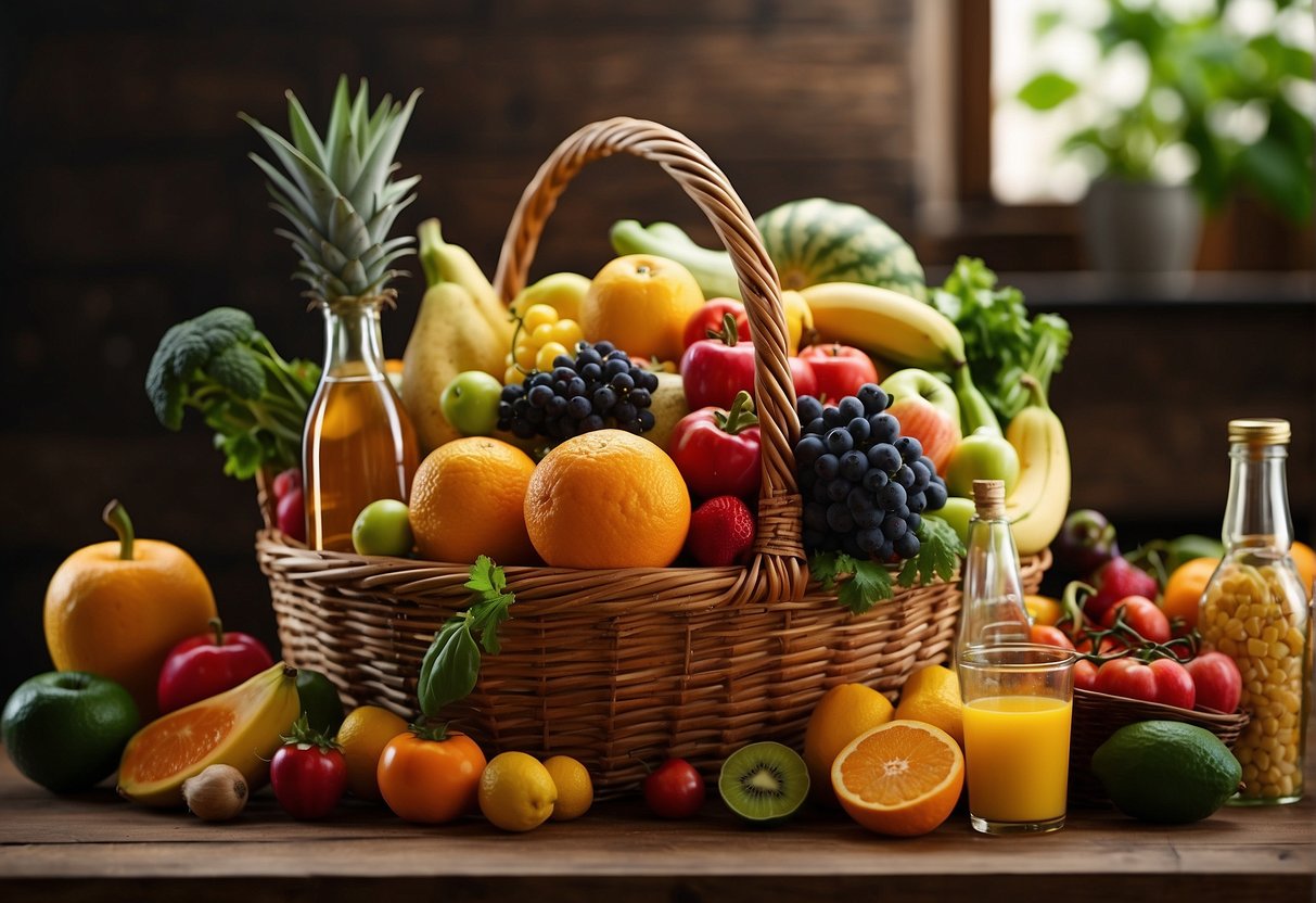A colorful array of fresh fruits and vegetables overflowing from a vibrant basket, surrounded by bottles of energy-boosting weight loss injections