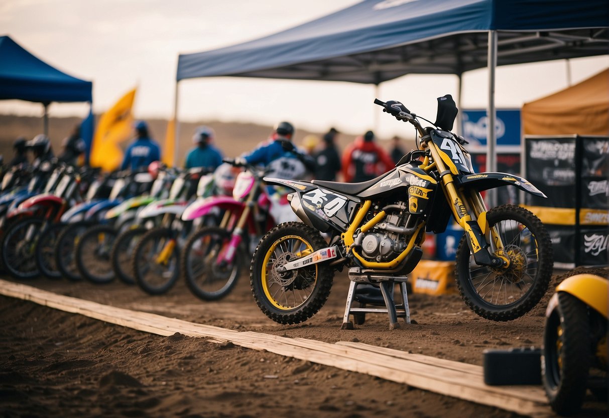 Outdoor motocross merchandise and branding displayed at the start line, with sponsor logos, gear, and bikes ready for action