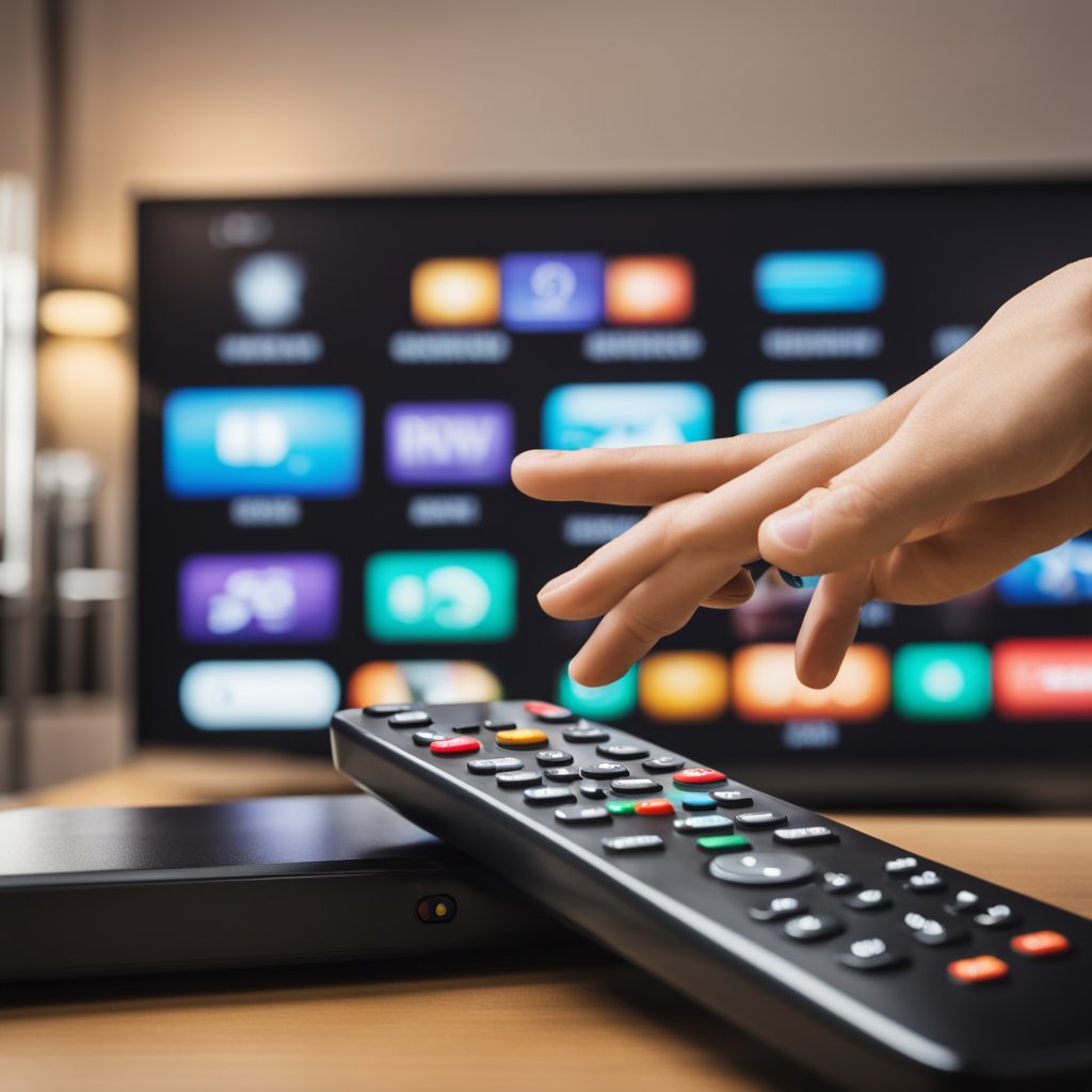 A hand reaches for a remote control, pressing a button to unlock all IPTV channels