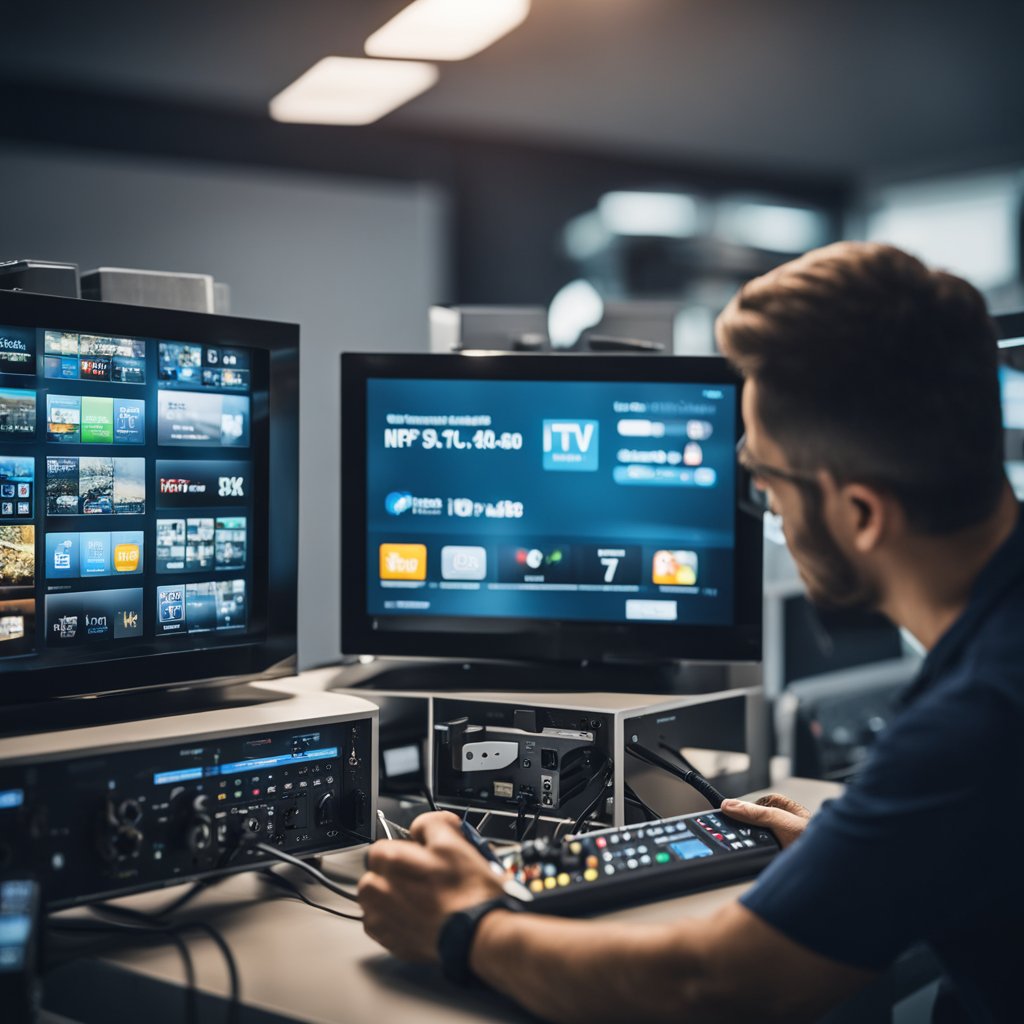 A technician setting up and activating IPTV channels on a TV screen with various cables and equipment