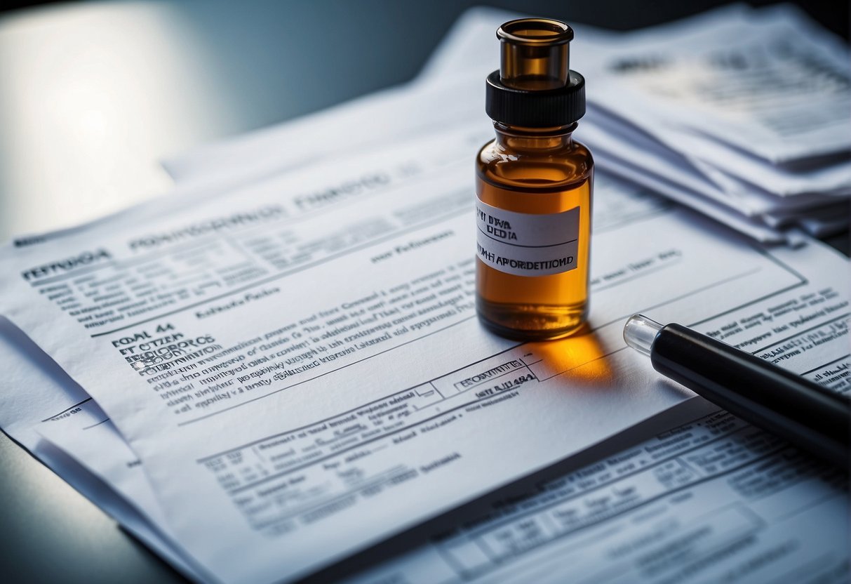 A vial of weight loss injection next to FDA approval stamp and clinical evidence documents