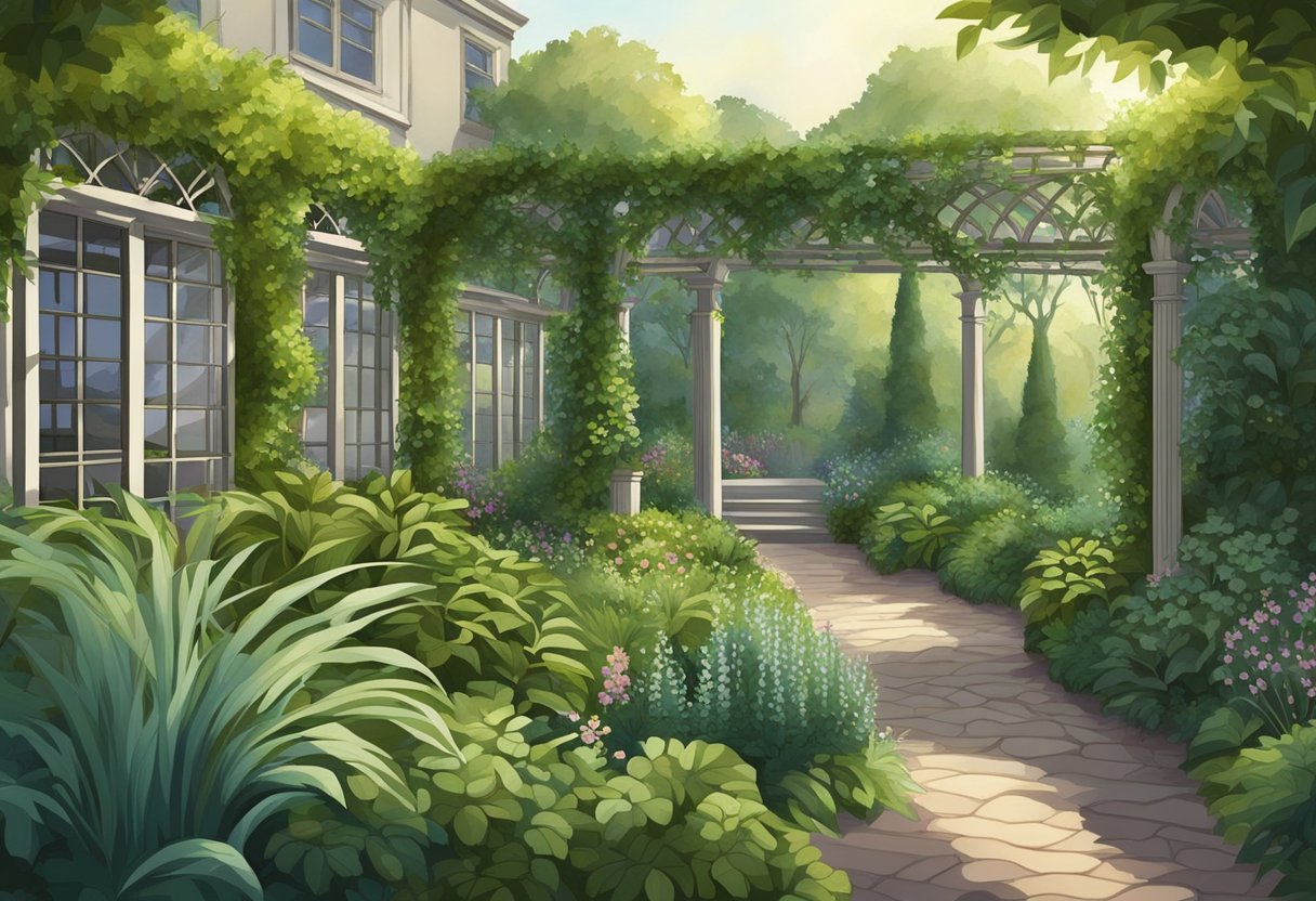 A lush garden with tall, leafy plants and decorative trellises, creating privacy and a serene atmosphere