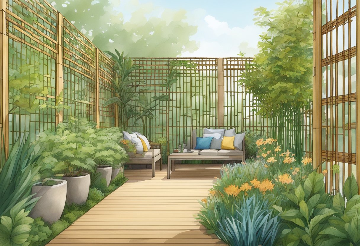 A garden with various structural screening ideas such as trellises, lattice panels, and bamboo screens arranged to create privacy and visual interest