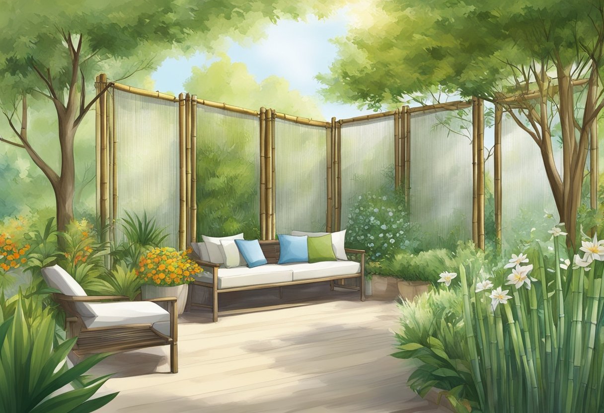 A garden with temporary screens, such as bamboo or fabric, providing seasonal privacy and decoration. Trees and flowers in the background add to the natural setting