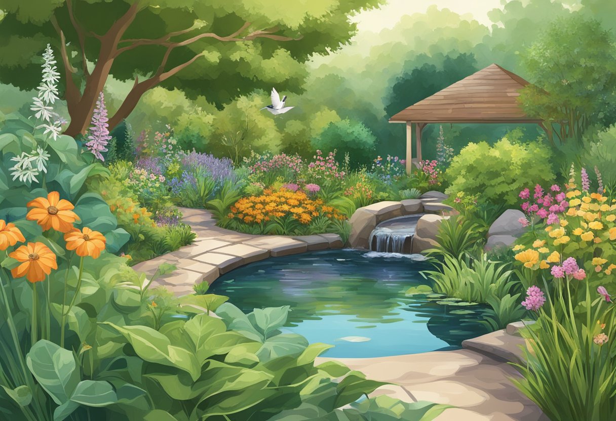 Lush garden with native plants, bird feeders, and a small pond. A variety of wildlife, including birds, butterflies, and bees, are attracted to the area