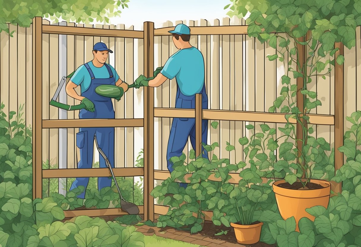 A gardener paints a wooden garden screen with protective sealant, while another replaces damaged panels with new ones. A third person trims overgrown vines and plants around the screening