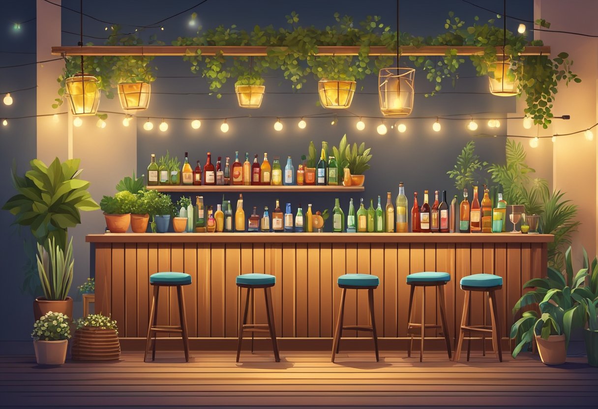 Colorful garden bars with hanging string lights, wooden stools, and potted plants. A rustic bar counter with a variety of drinks and cocktails. Lively atmosphere with people chatting and enjoying drinks