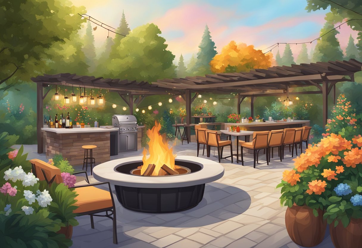 Lush garden with outdoor bars, adorned with seasonal decorations. Cozy seating areas with fire pits. Colorful flowers and foliage in bloom