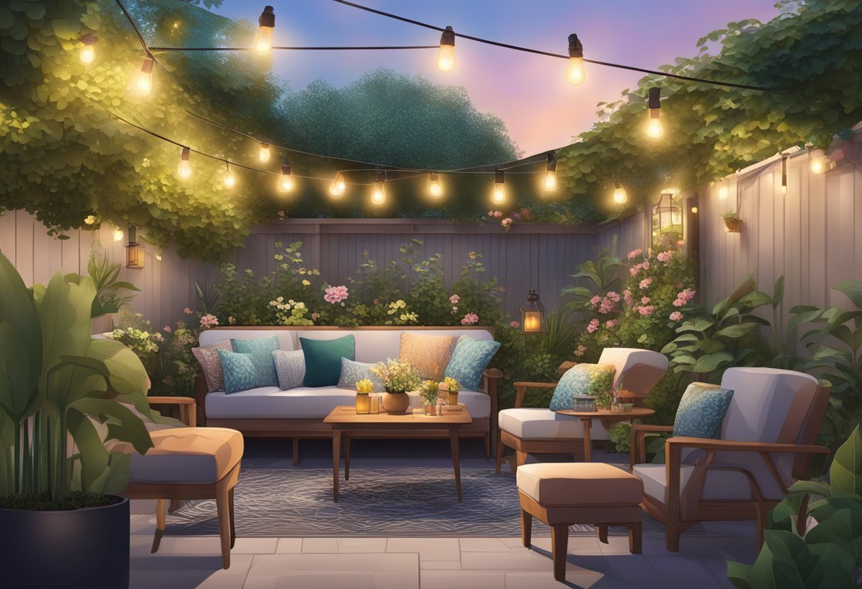 Lush garden with cozy bars, string lights, and comfortable seating. Colorful flowers and greenery add a vibrant touch