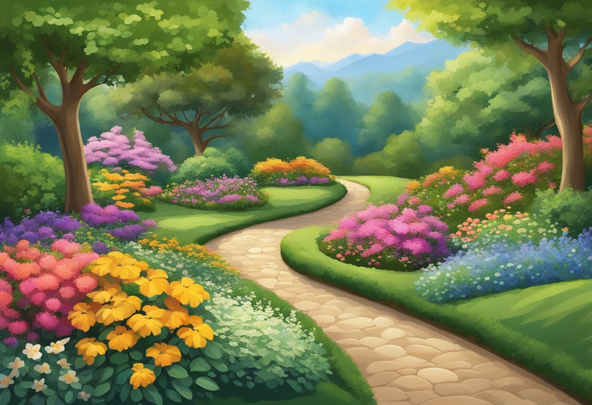A winding garden path leads through a lush, vibrant landscape with various textures and colors, bordered by blooming flowers and foliage