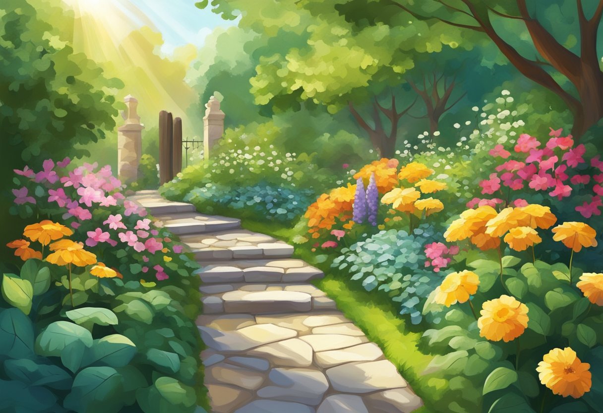 A garden path made of natural stone, surrounded by lush greenery and vibrant flowers, with dappled sunlight filtering through the leaves