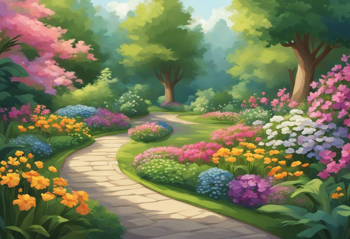 A winding garden path lined with colorful flowers and surrounded by lush greenery, with a gentle stream flowing alongside, and birds chirping in the background