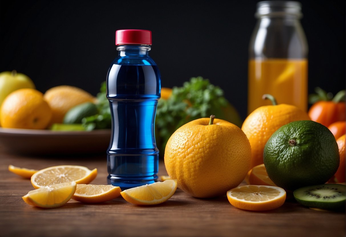 A vial of weight loss injection stands next to a vibrant energy drink, surrounded by fresh fruits and vegetables, symbolizing the energy-boosting effects in Atlanta