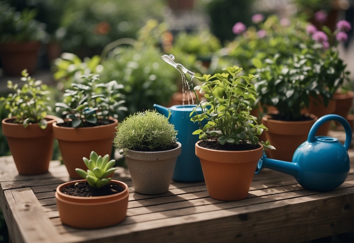 Outdoor plants in pots surrounded by self-watering globes, a hose attached to a timer, and a watering can filled with water