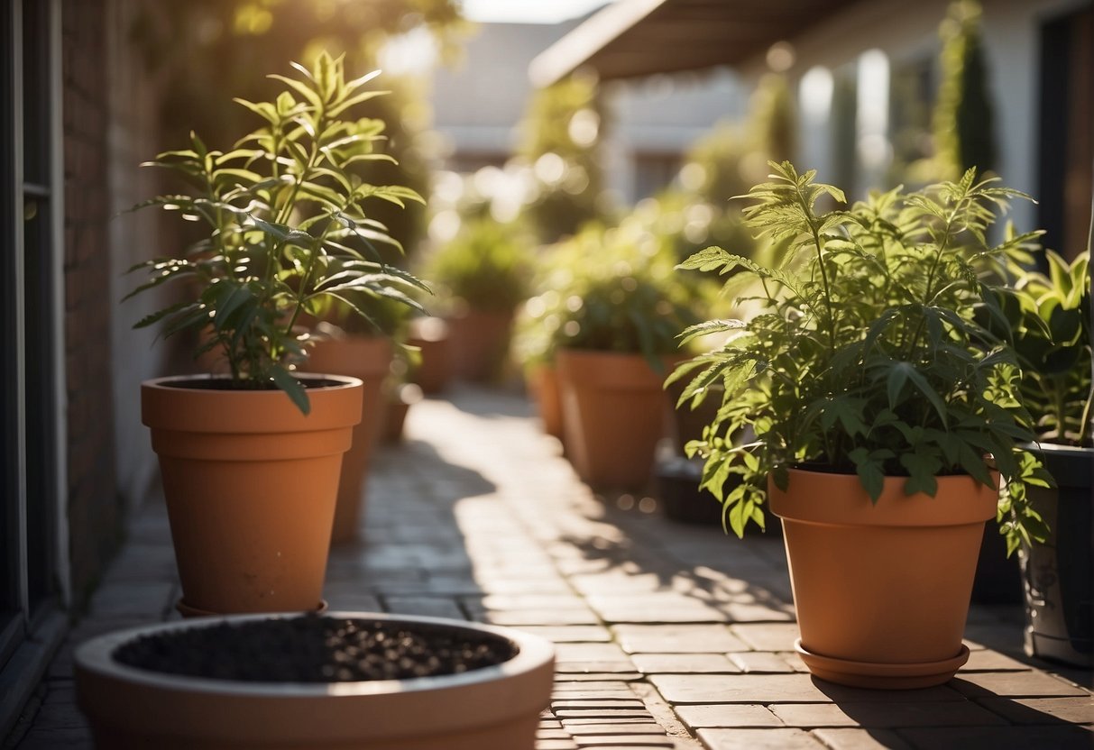 Outdoor plants in pots on a sunny patio. Drip irrigation system with a timer. Watering cans nearby for manual backup