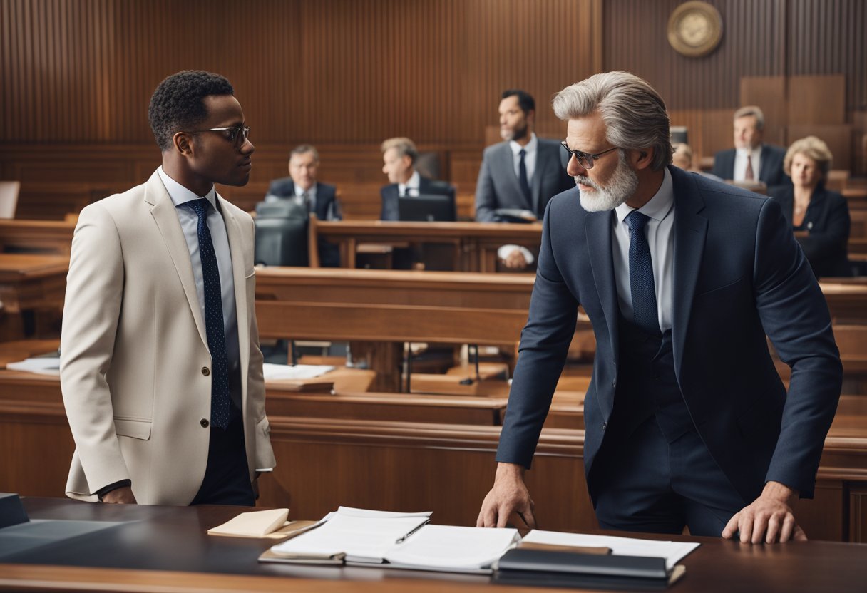 The forensic expert and lawyer collaborate with the client in a courtroom setting