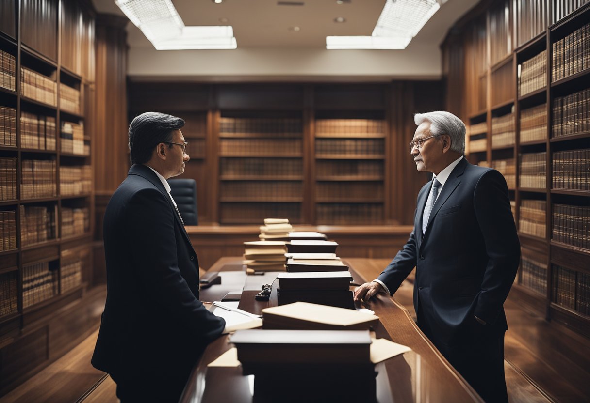 The judicial expert collaborates with lawyer and client, portraying partnership and responsibility