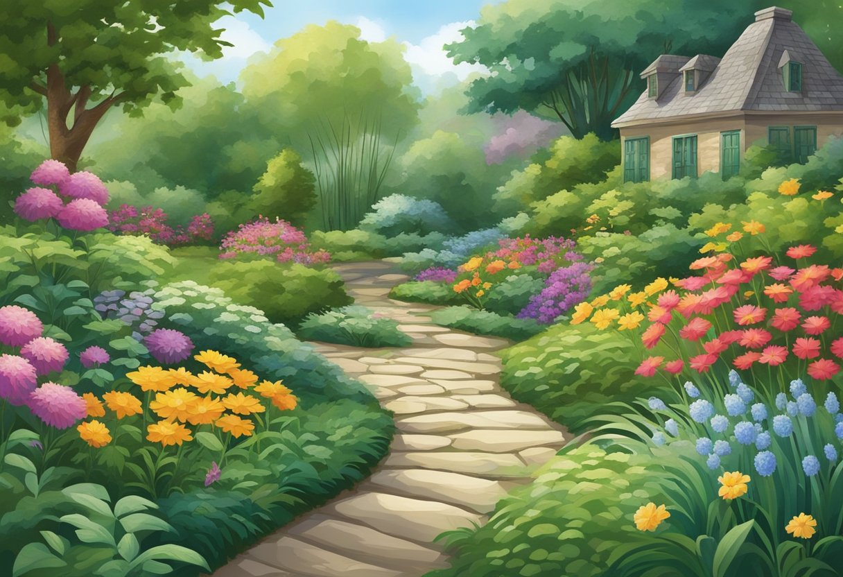 Lush green garden border with colorful flowers, winding pathways, and decorative stone accents. Tall grasses sway in the breeze, creating a sense of tranquility