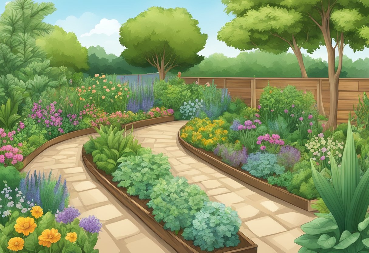 A garden border with various plant species, labeled with signs and surrounded by a pathway for easy access