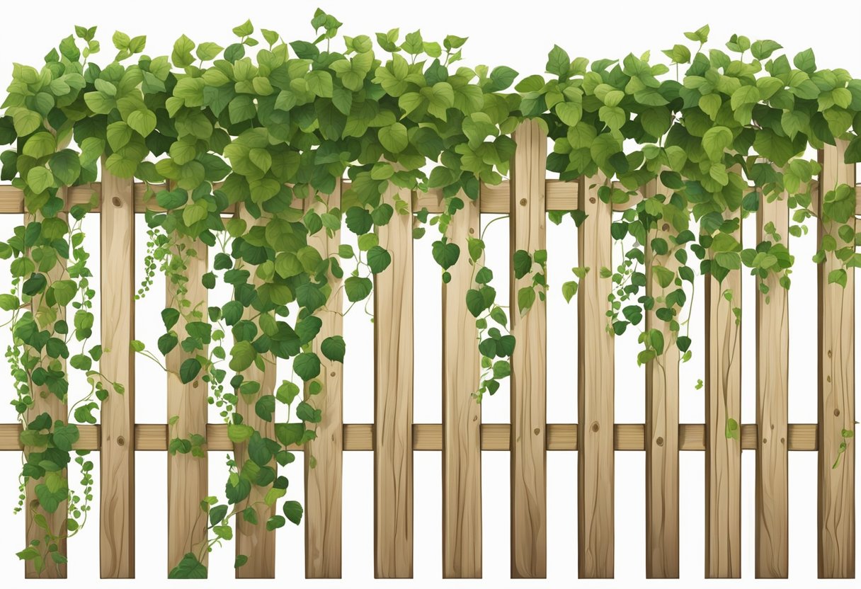 A wooden fence with climbing vines and hanging plants, creating a natural barrier for privacy