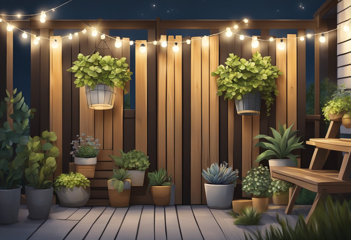 A wooden fence adorned with hanging planters, string lights, and decorative panels, creating a cozy and private outdoor space