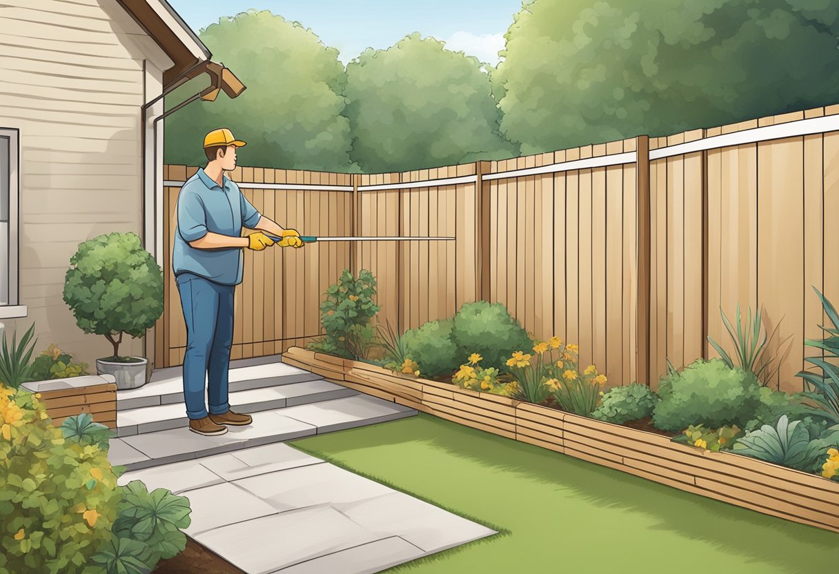 A person measuring and inspecting a backyard for fence installation, considering cost and privacy ideas