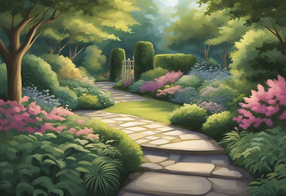 A garden path winds through lush foliage, with soft uplighting illuminating trees and shrubs. Subtle downlighting highlights a tranquil water feature, creating a peaceful ambiance