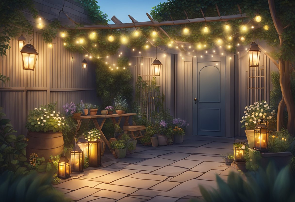 A small garden with soft, warm lighting illuminating potted plants and pathways. Fairy lights wrap around trellises and lanterns hang from branches