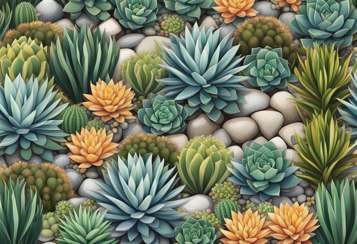 A gravel garden with various textures and colors, featuring succulents, cacti, and ornamental grasses arranged in geometric patterns