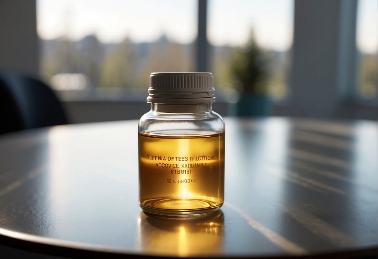 A vial of weight loss injection sits on a sleek, modern table in a bright, clean clinic in Atlanta. The sunlight streams in through large windows, casting a warm glow on the vial