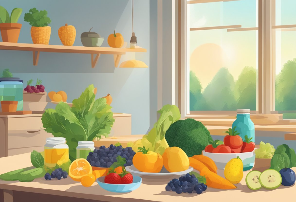 A bright, sunny morning with a table set with various fruits, vegetables, and a bottle of multivitamins. A calendar on the wall shows the current date