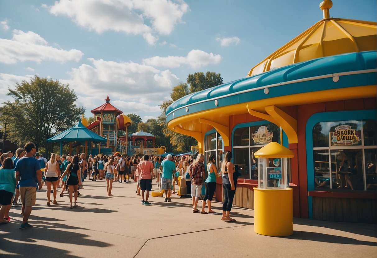 Wisconsin Dells outdoor waterpark opens with colorful signs, a ticket booth, and a line of excited visitors waiting to enter