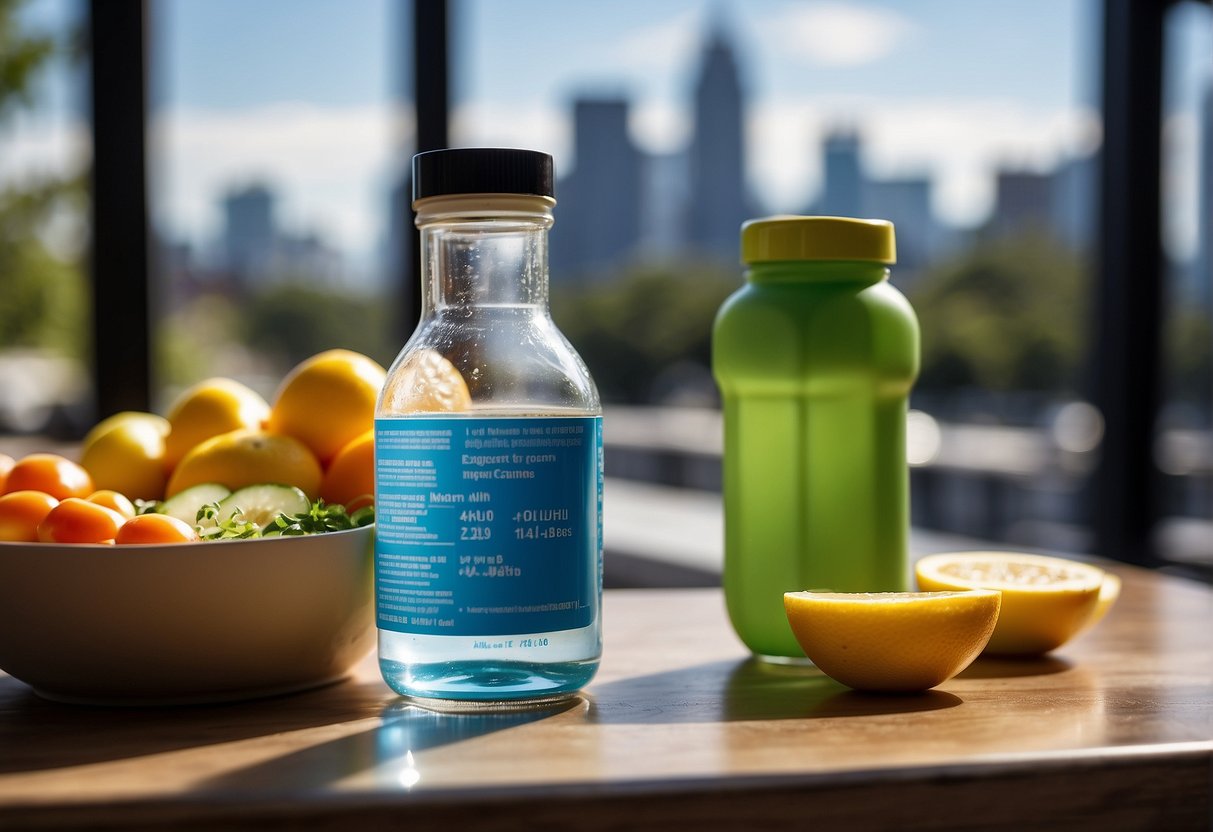 A bright, sunny day in Atlanta with a skyline backdrop. A vial of weight loss injection sits on a clean, modern countertop, next to a healthy meal and a water bottle