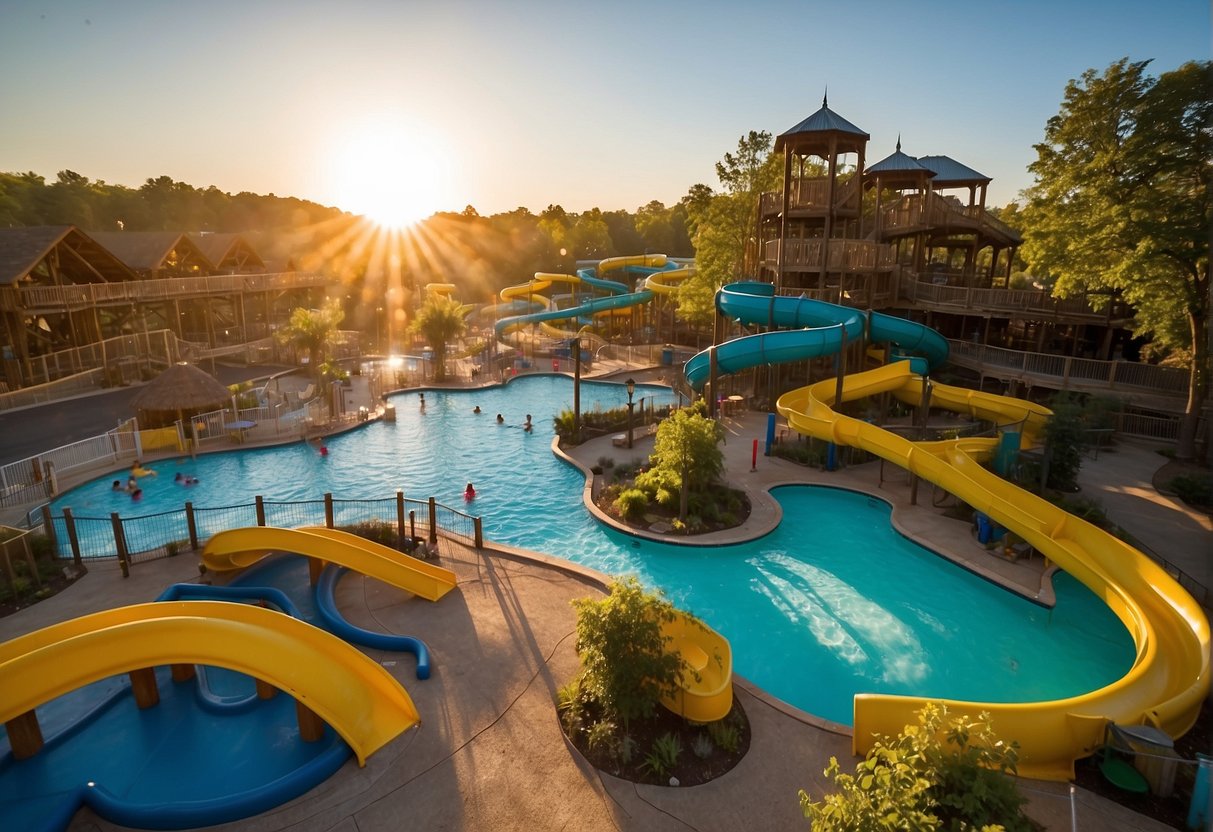 The sun rises over the Wisconsin Dells outdoor waterpark as staff clean and arrange chairs, while colorful slides glisten in the morning light