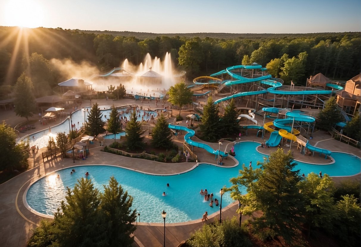 The Wisconsin Dells outdoor waterpark opens in the early morning. The sun is rising, casting a warm glow on the colorful slides and pools. Families are arriving, carrying towels and sunscreen, ready for a day of fun