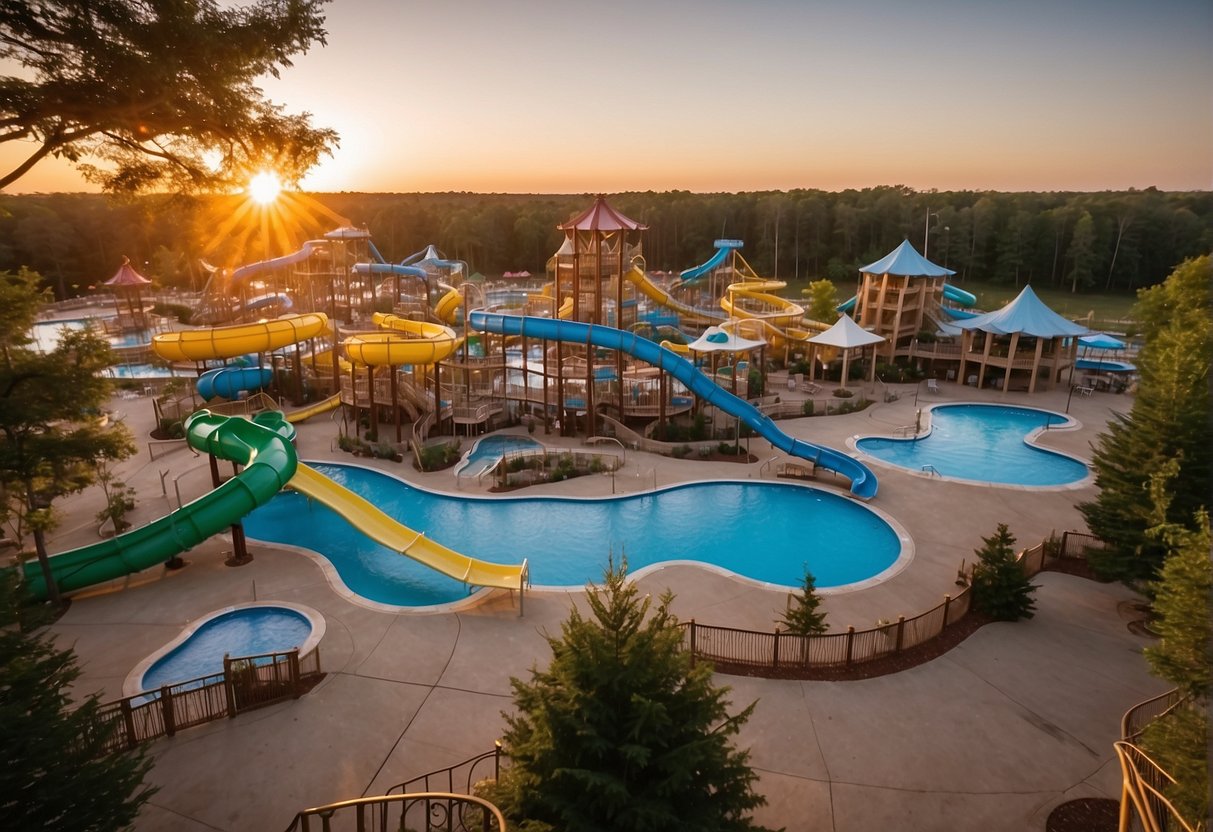 The sun rises over the Wisconsin Dells outdoor waterpark, casting a warm glow on the colorful slides and pools. A sign near the entrance displays the contact information and customer service hours